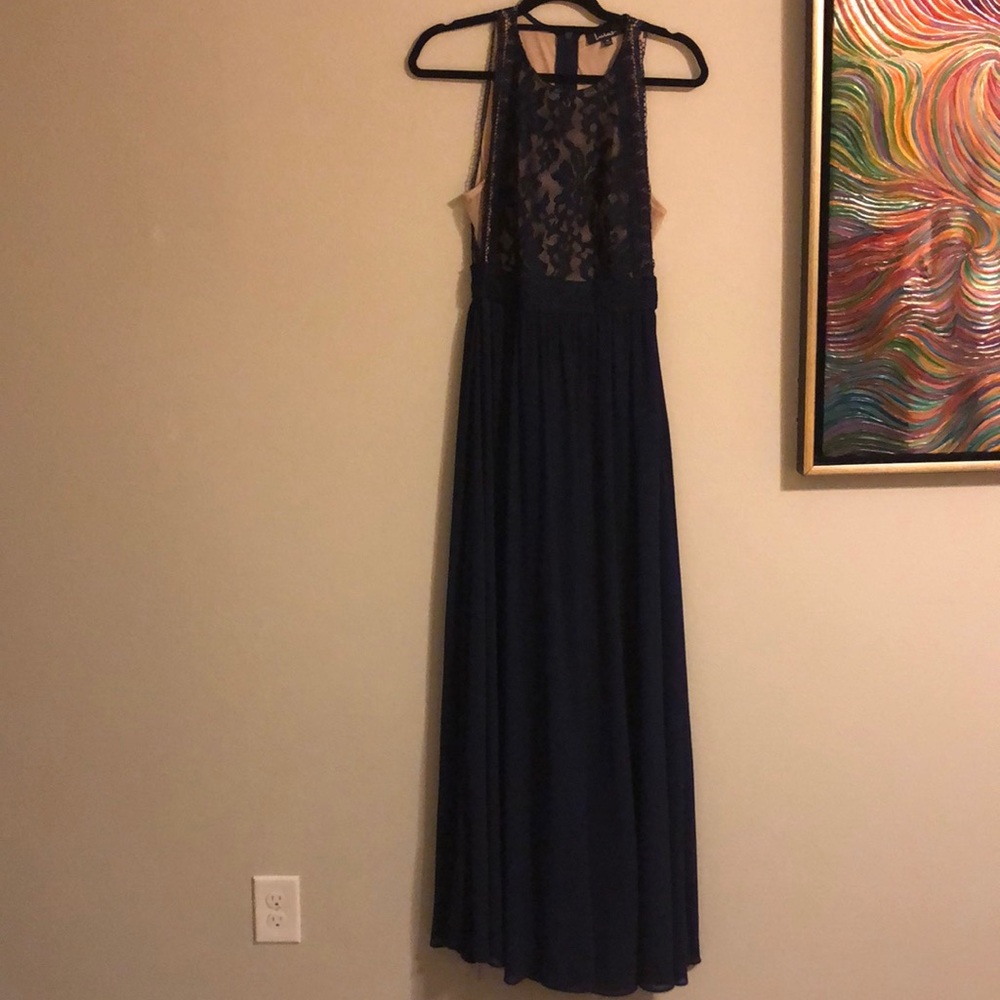 Lulu navy blue dress with peak a boo sides & lace